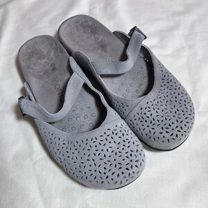 Vionic Gray Suede Perforated Mary Jane Clog Mules